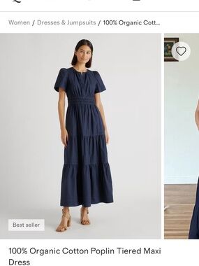 NWT Quince Navy Tiered Organic Cotton Maxi Dress in Vermillion Red